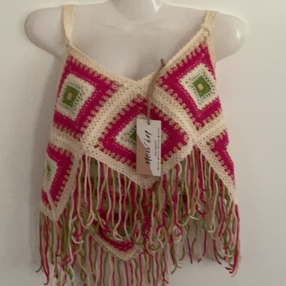 Very J Pink and Green Crochet Fringe Tank Top